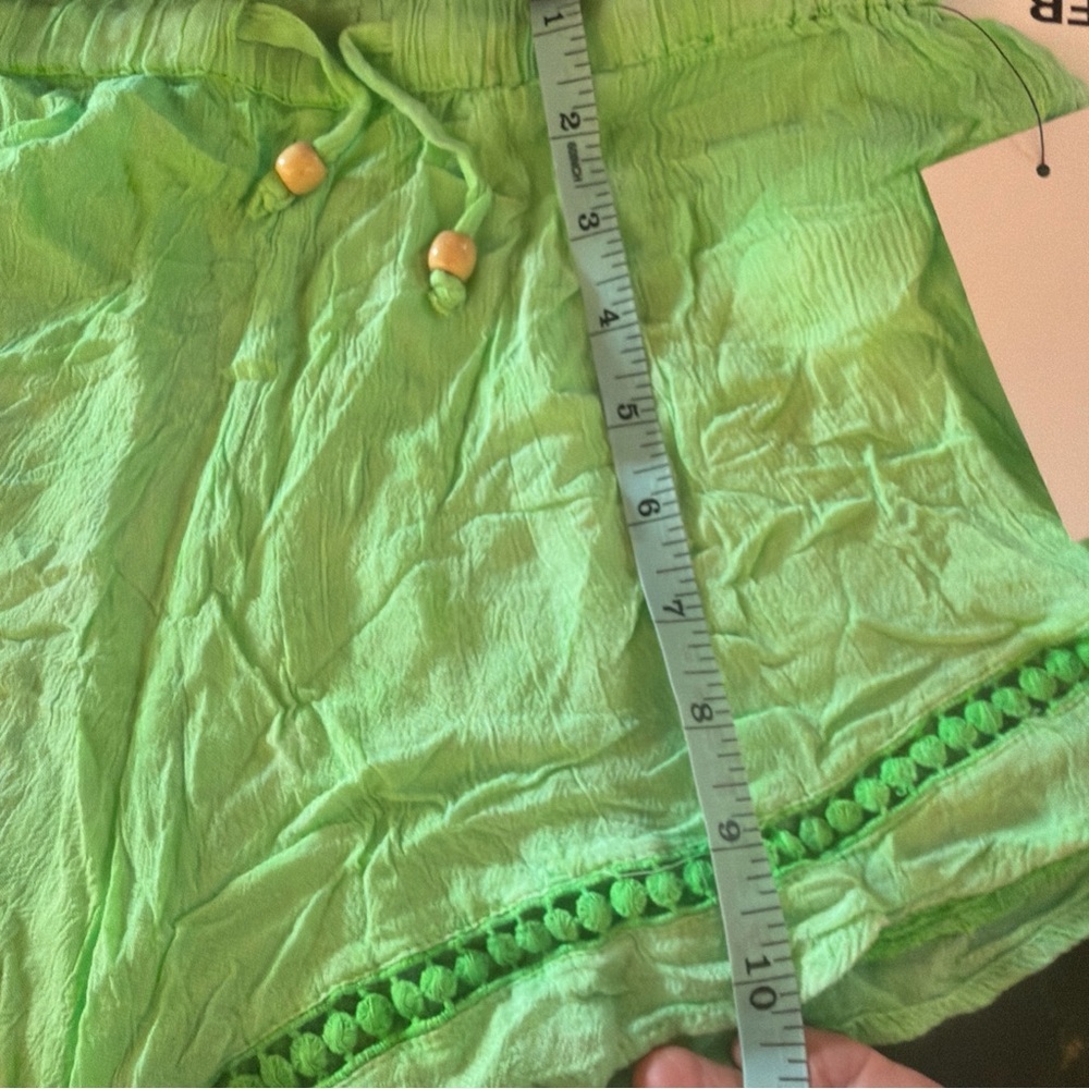 Rays Sun Junior Lime Green Pom Pom Shorts Boho Chic Beach Vacation Drawstring L - Picture 13 of 14